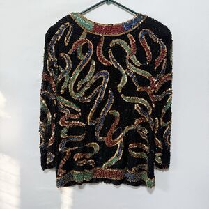 Vintage Oleg Cassini Black Tie Sequin & Beaded Silk Multicolor Long Sleeve Top L